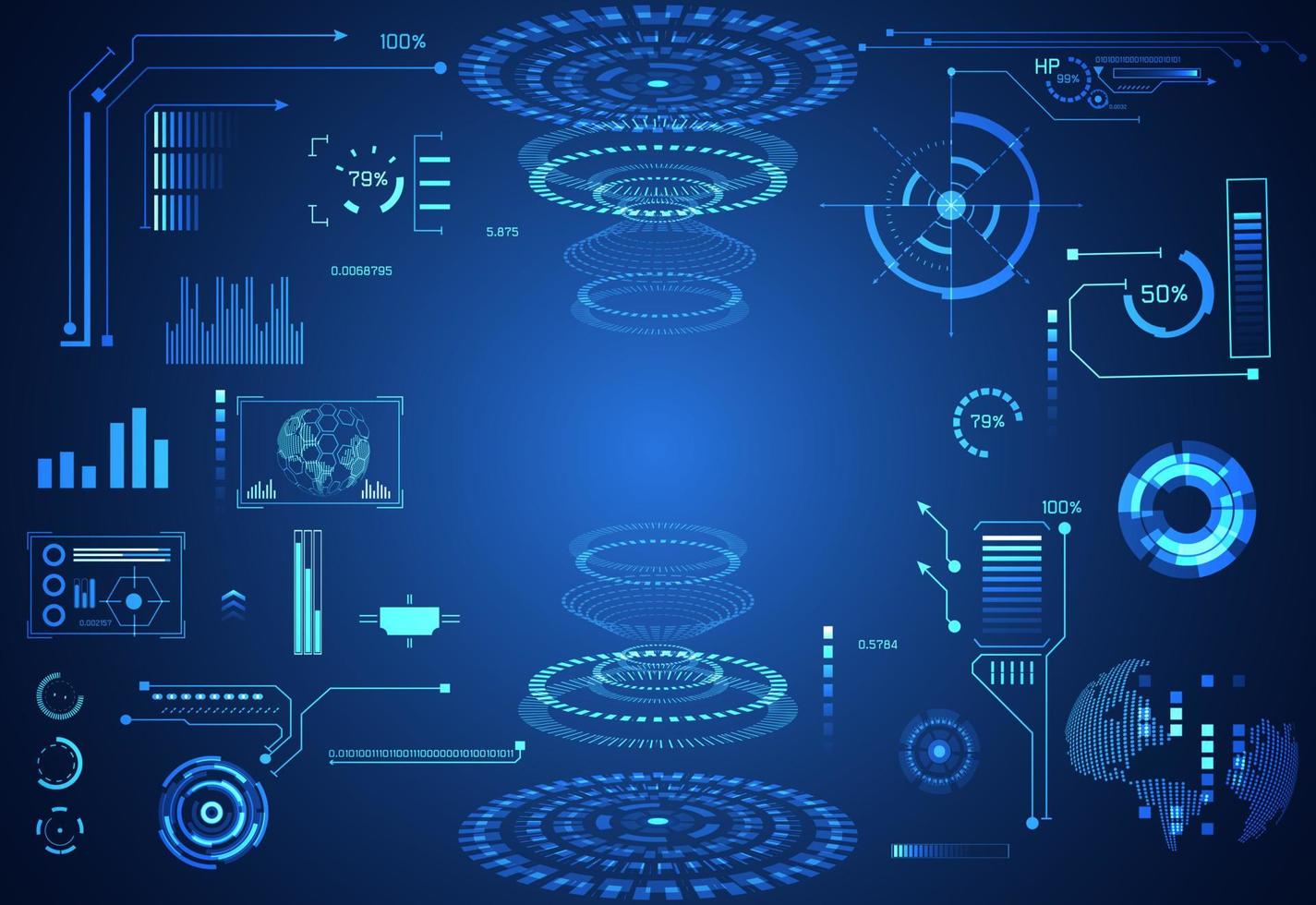 abstract technology ui futuristic concept hud interface hologram elements of digital data chart, communication, computing and circle percent vitality innovation on hi tech future design background vector