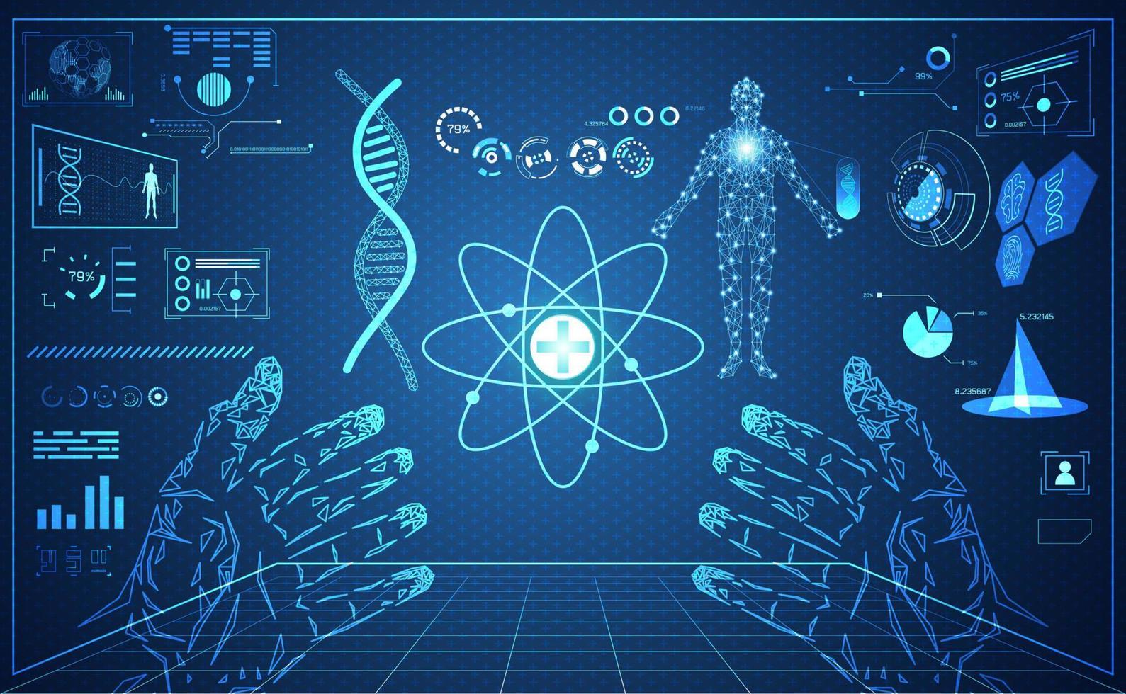 tecnología abstracta ui elementos de holograma de interfaz de hud médico humano futurista de gráfico de datos digitales, adn, huella digital, círculo de computación cerebral innovación de vitalidad en el fondo de diseño futuro de alta tecnología vector