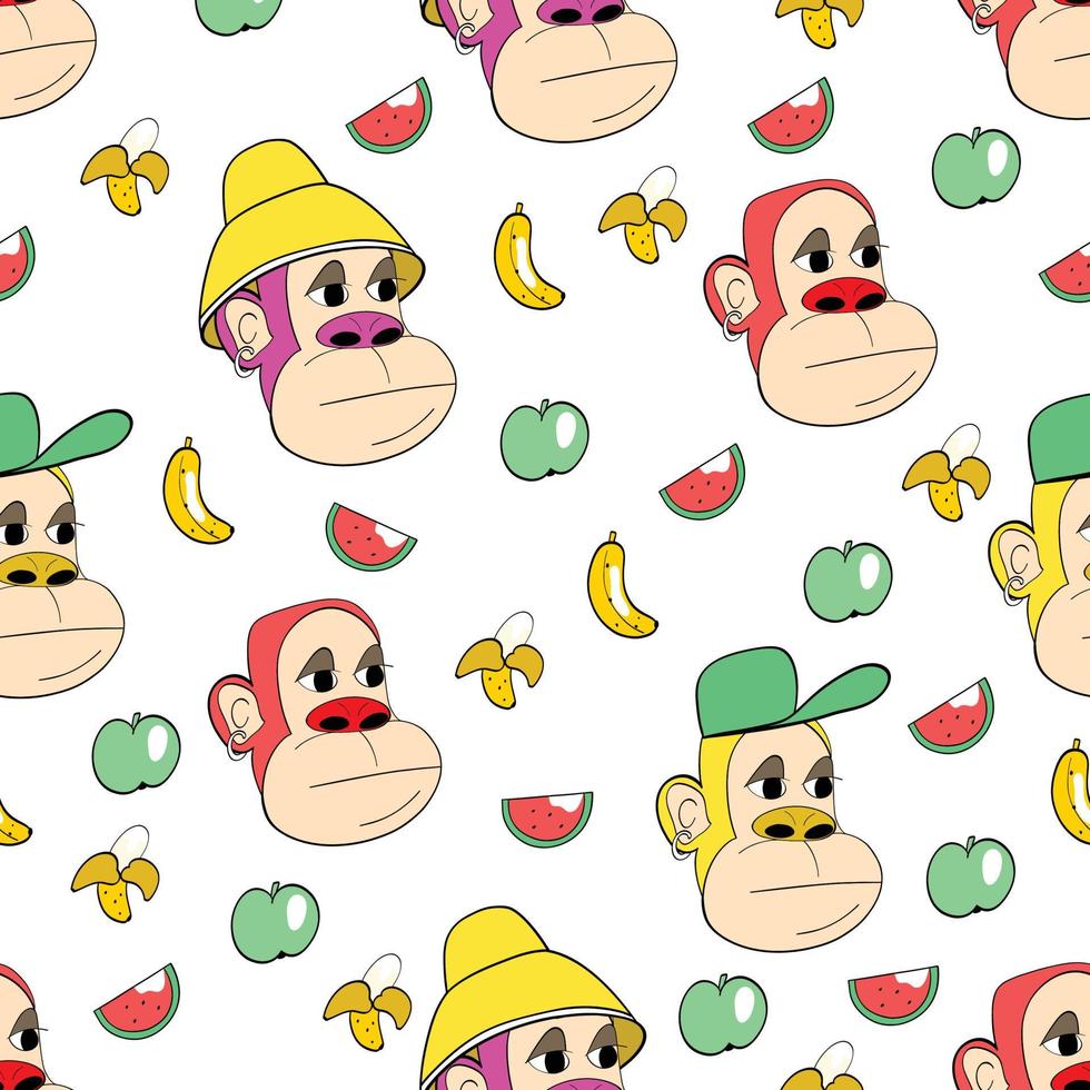 monos y frutas de patrones sin fisuras vectoriales. arte nft. ilustración para portada de revista, pancarta de noticias y afiche vector