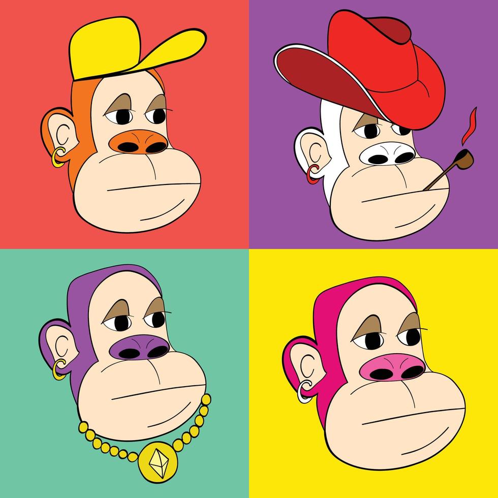 Four monkeys on colored backgrounds. NFT theme design. Art collectors vector illustration