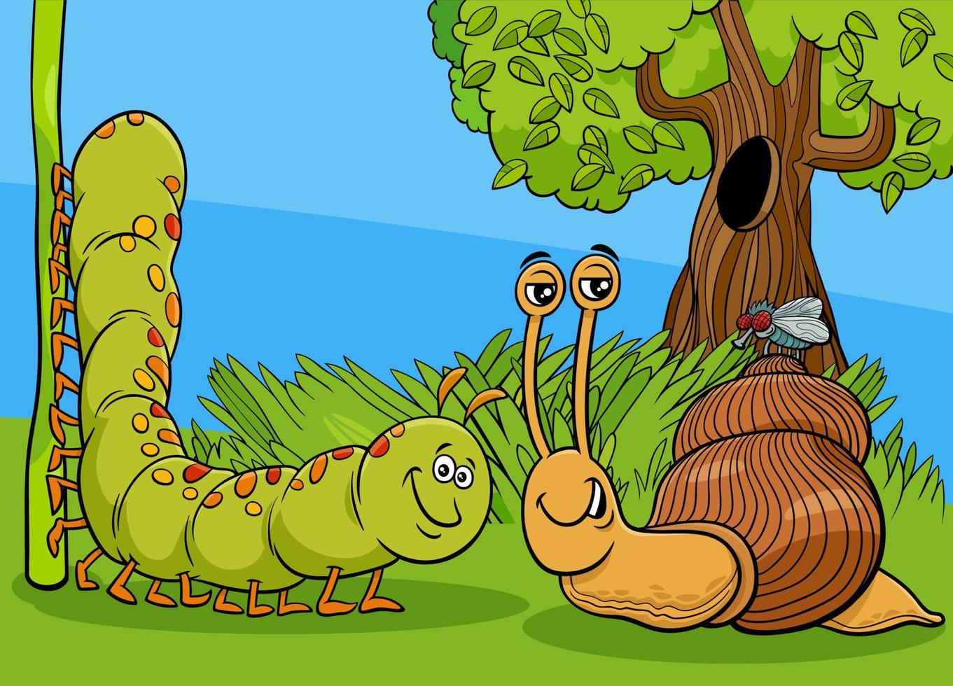 cartoon caterpillar and snail with fly animal characters vector