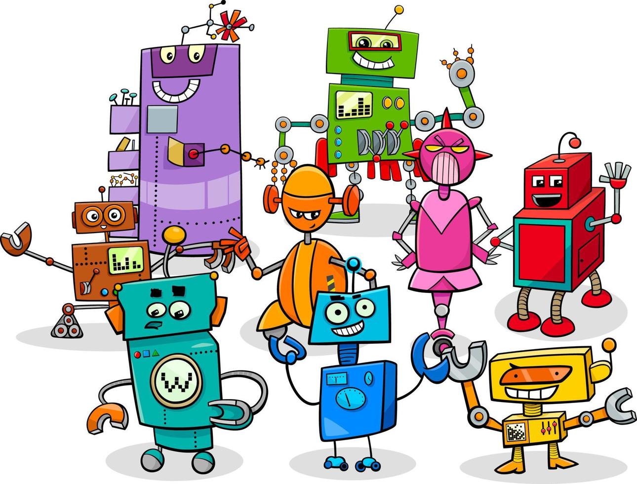 cartoon colorful robots and droids characters group vector