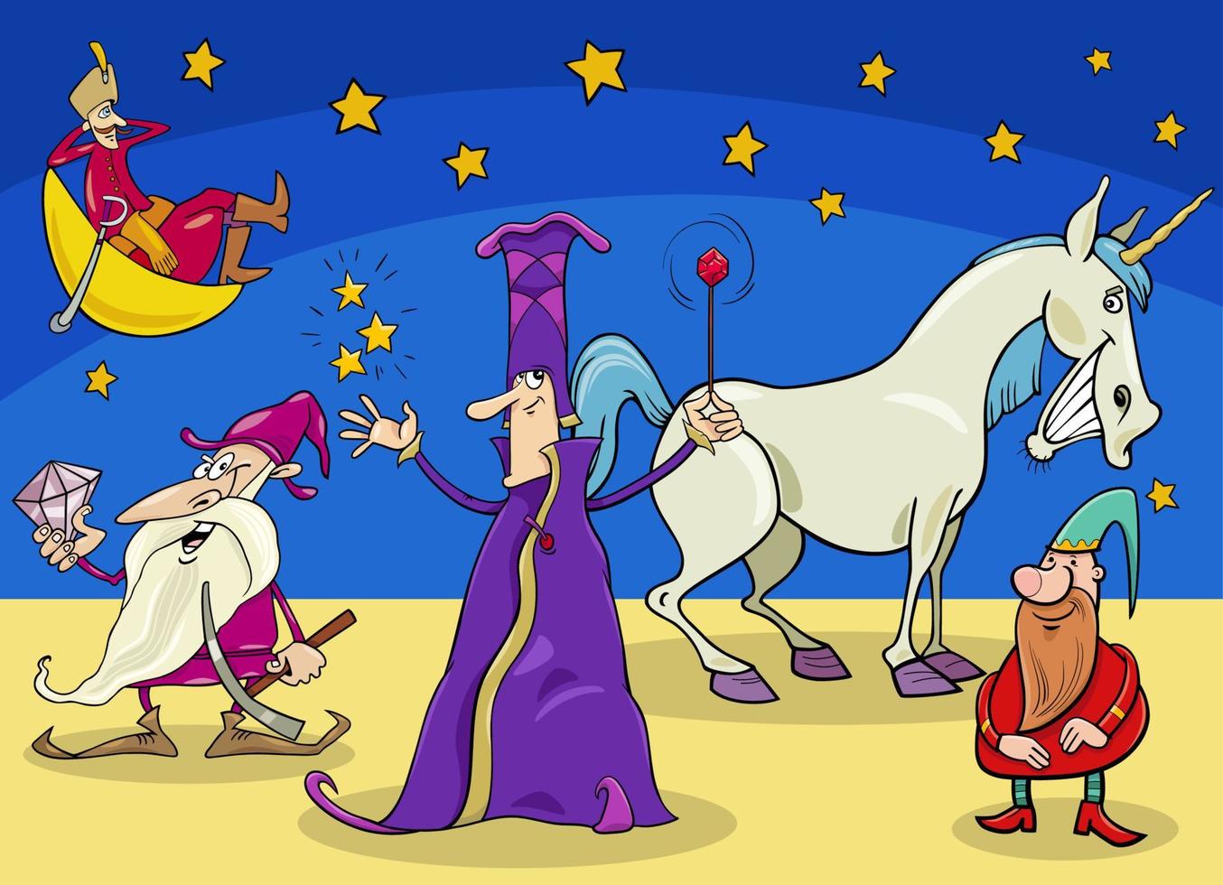 cartoon wizard and dwarfs fantasy characters group vector