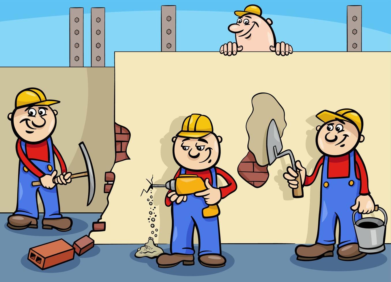 cartoon manual workers or builders characters at work vector