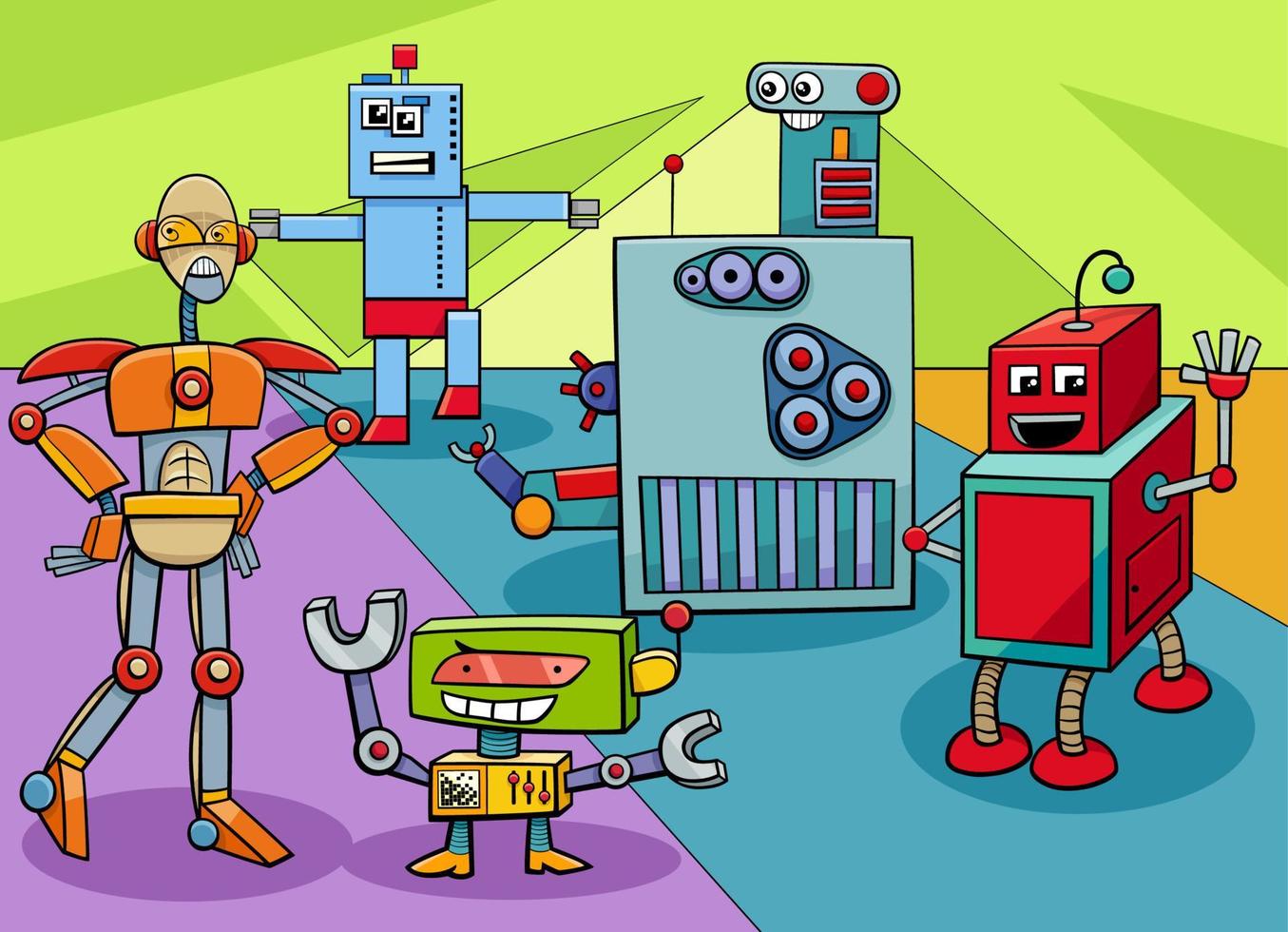 grupo de personajes de robots y droides divertidos de dibujos animados vector