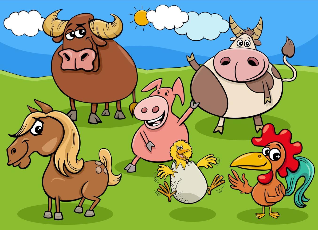 cartoon farm animals characters group vector