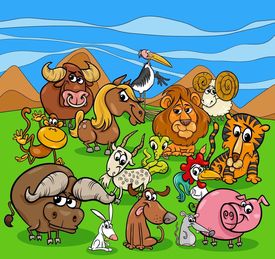 funny cartoon wild animals characters group vector