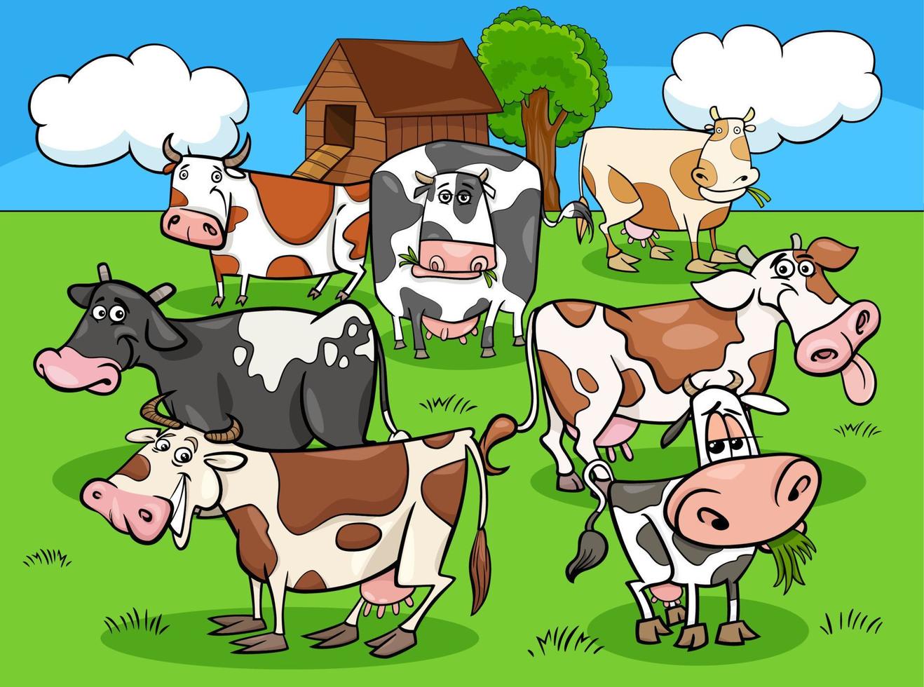 cartoon cows farm animals group in the countryside vector