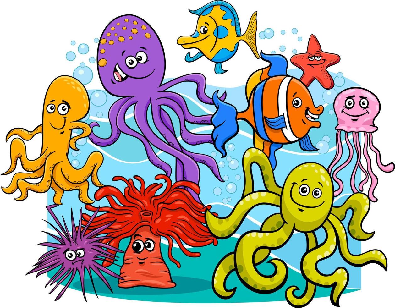 cartoon sea life marine animal characters group vector