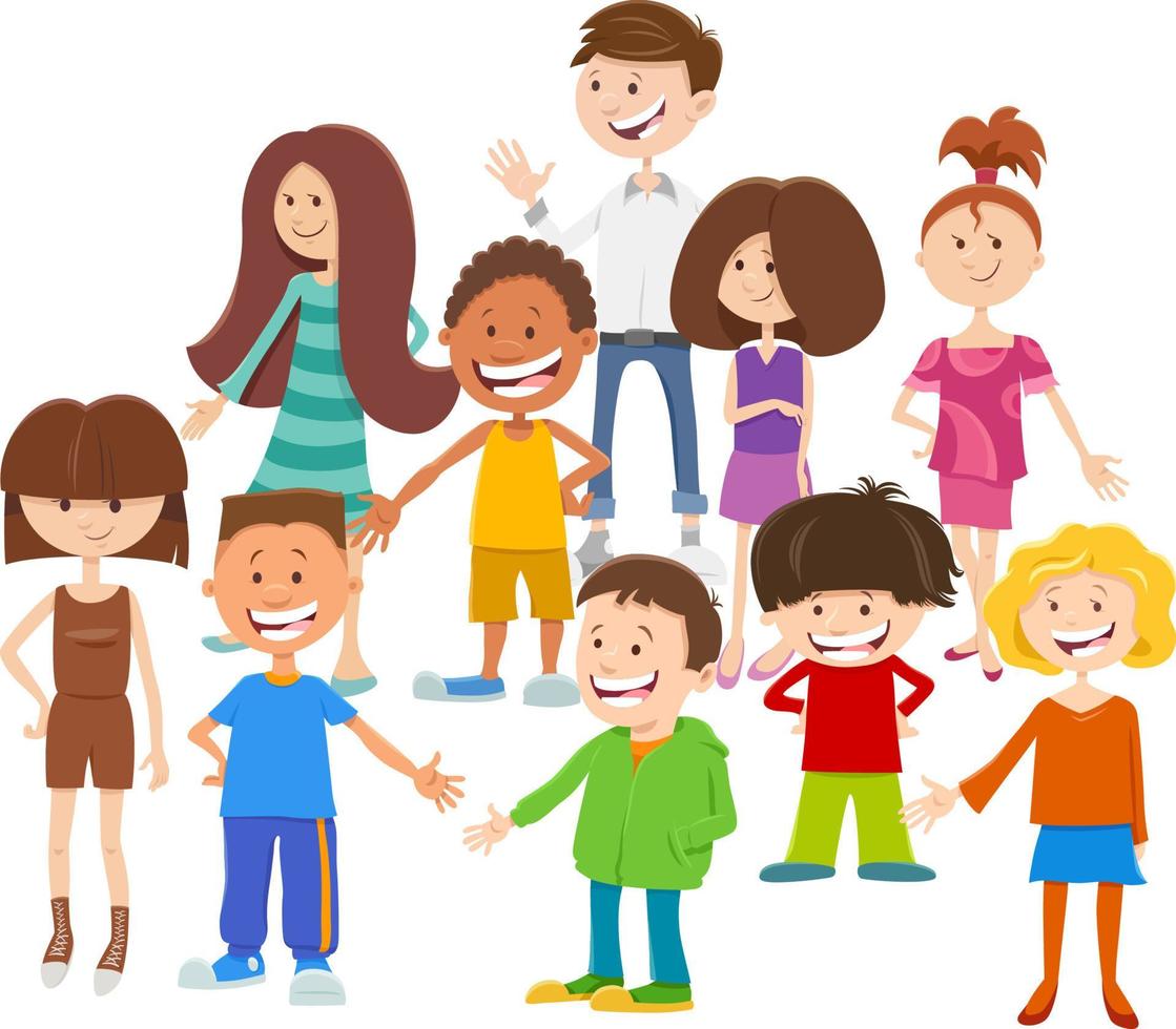dibujos animados feliz grupo de personajes de niños o adolescentes vector