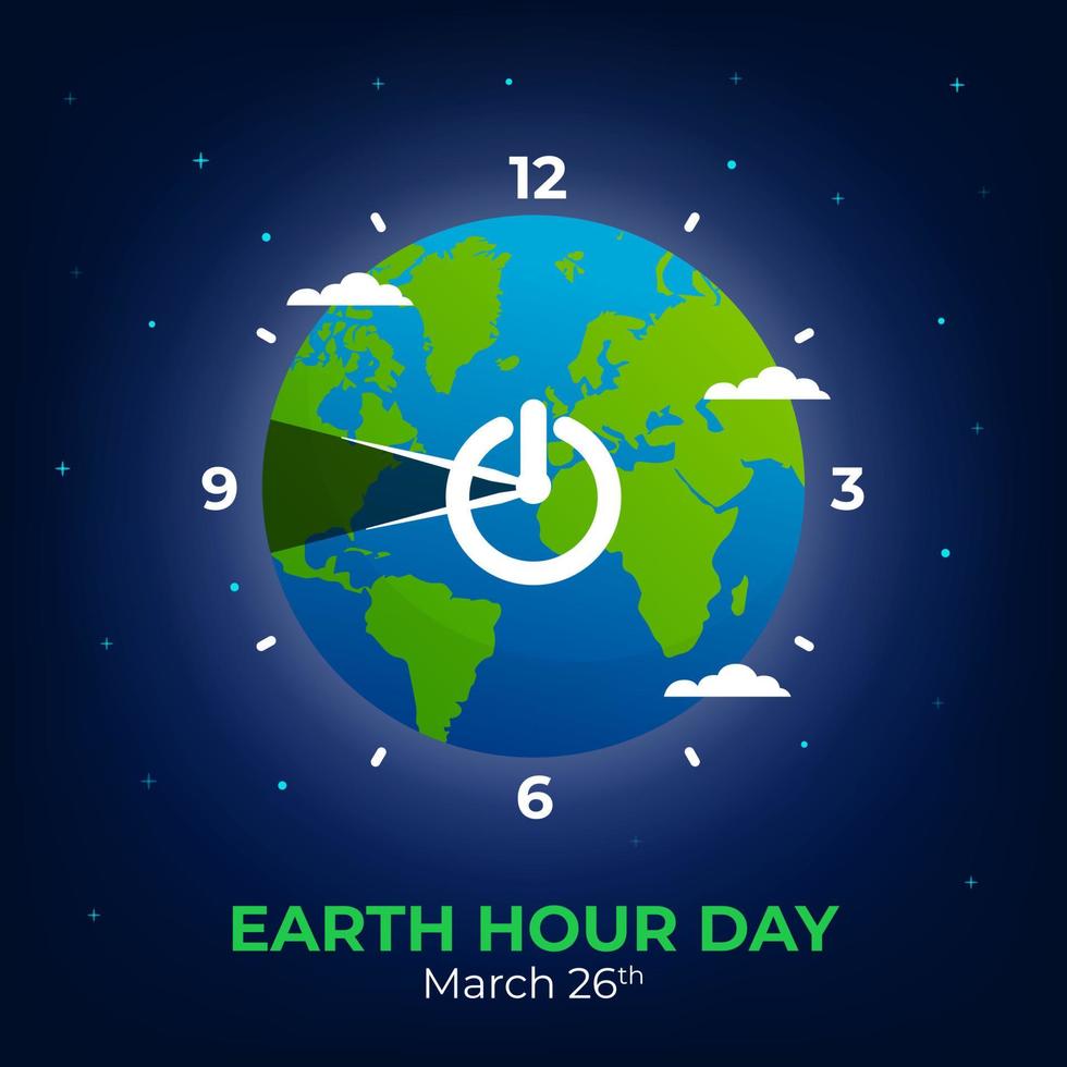 día de la hora del planeta el 26 de marzo con la ilustración del globo del tiempo en el diseño de fondo de la escena nocturna vector