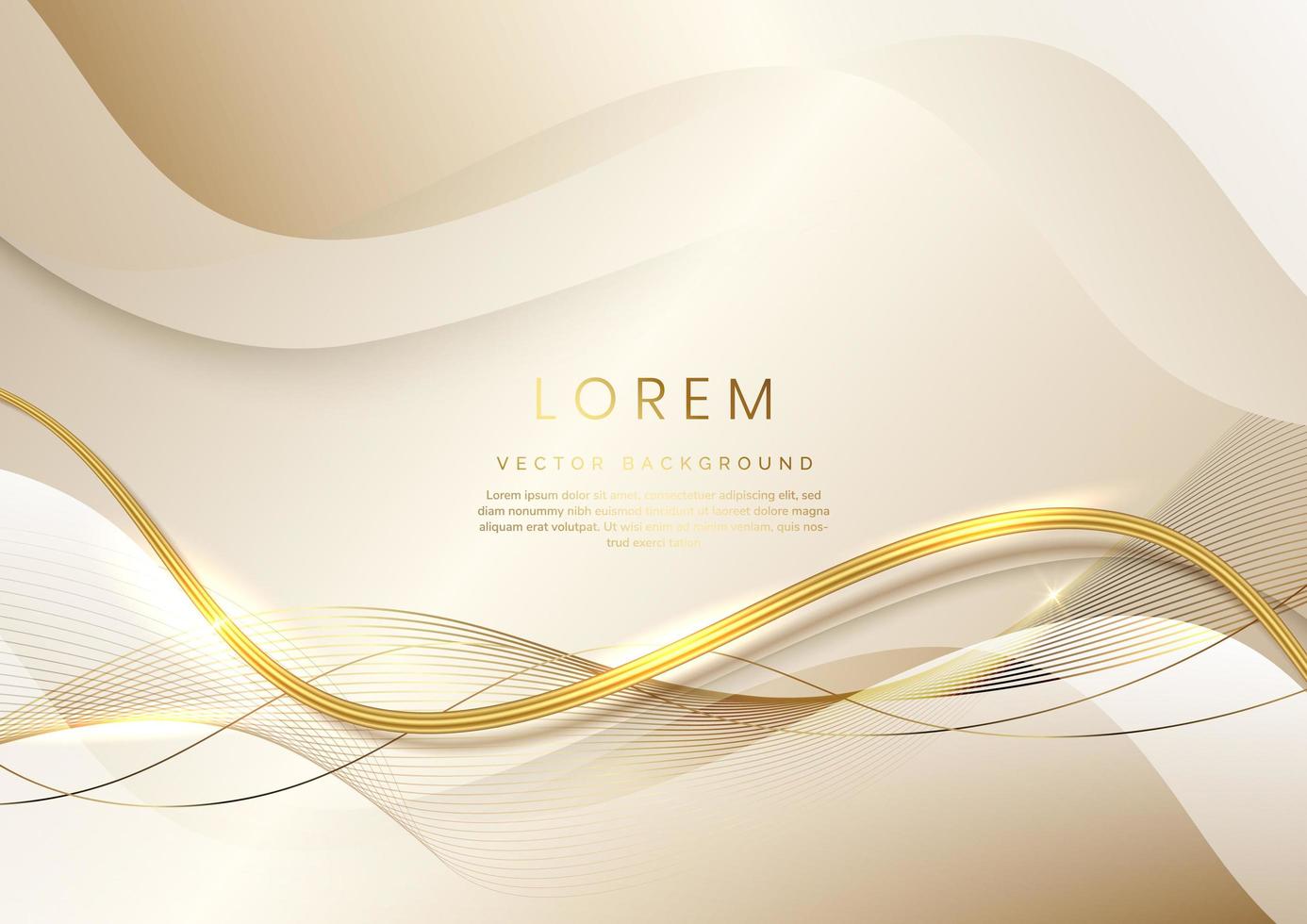 Abstract 3d template soft brown background with gold lines curved wavy sparking with copy space for text. Luxury style. vector