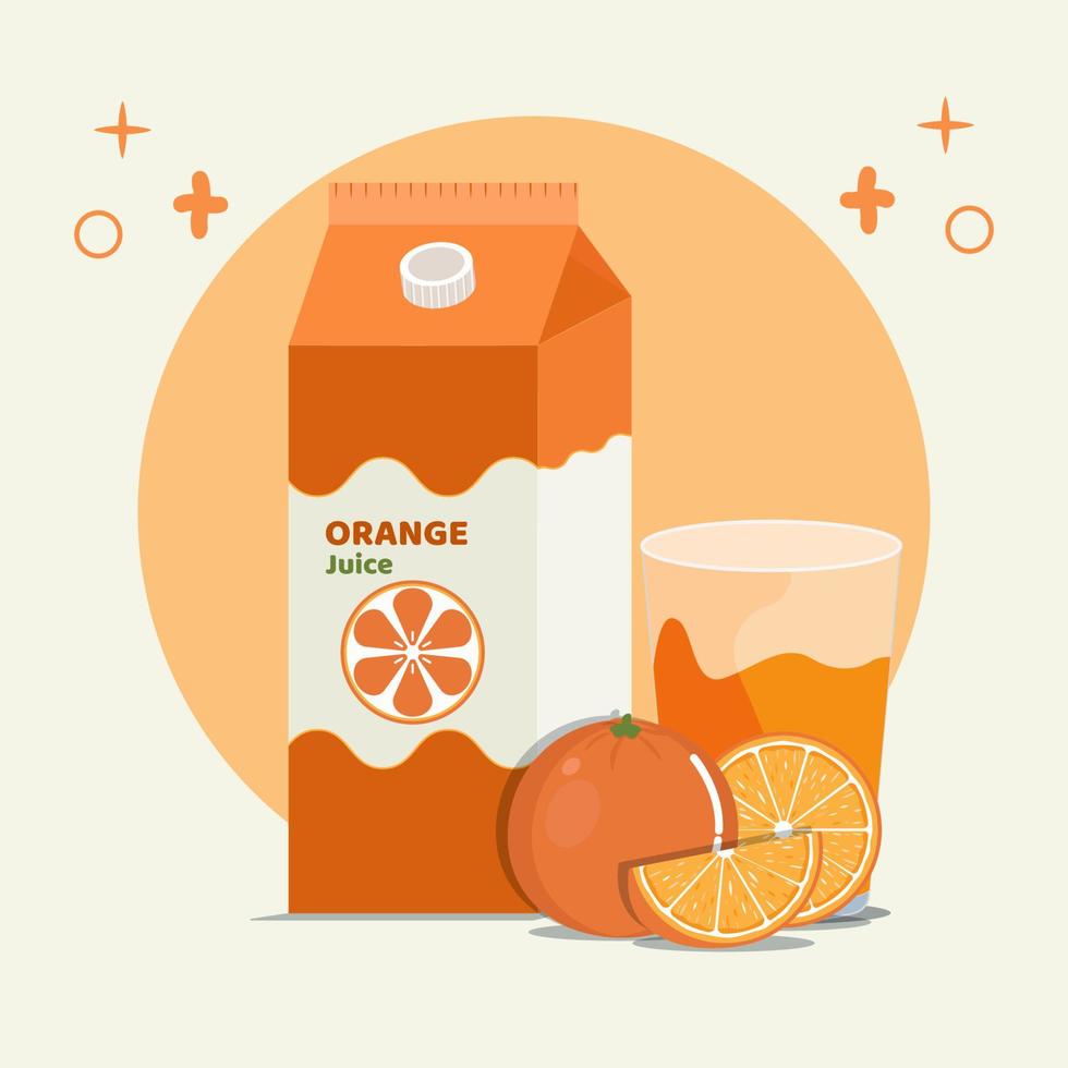 jugo de naranja en el embalaje de la caja y en la ilustración del vector de vidrio