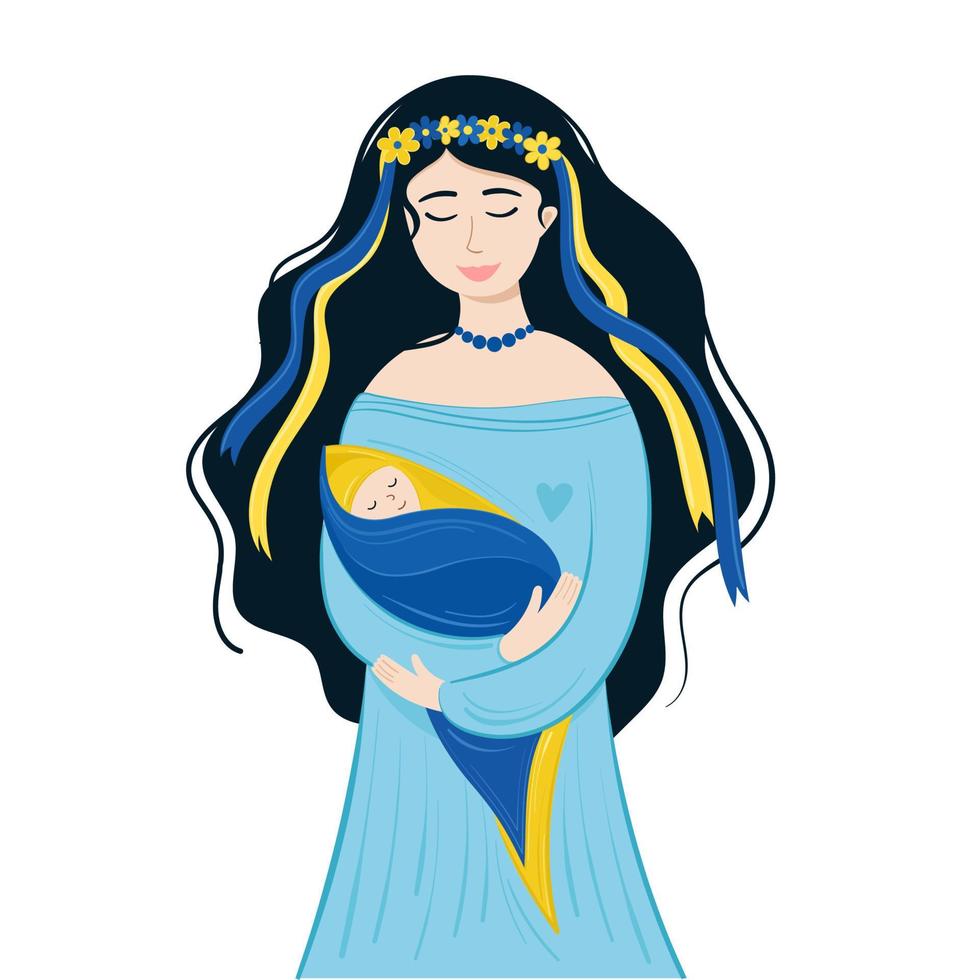 Vector illustration Ukrainian woman with her baby. Ukrainian flag