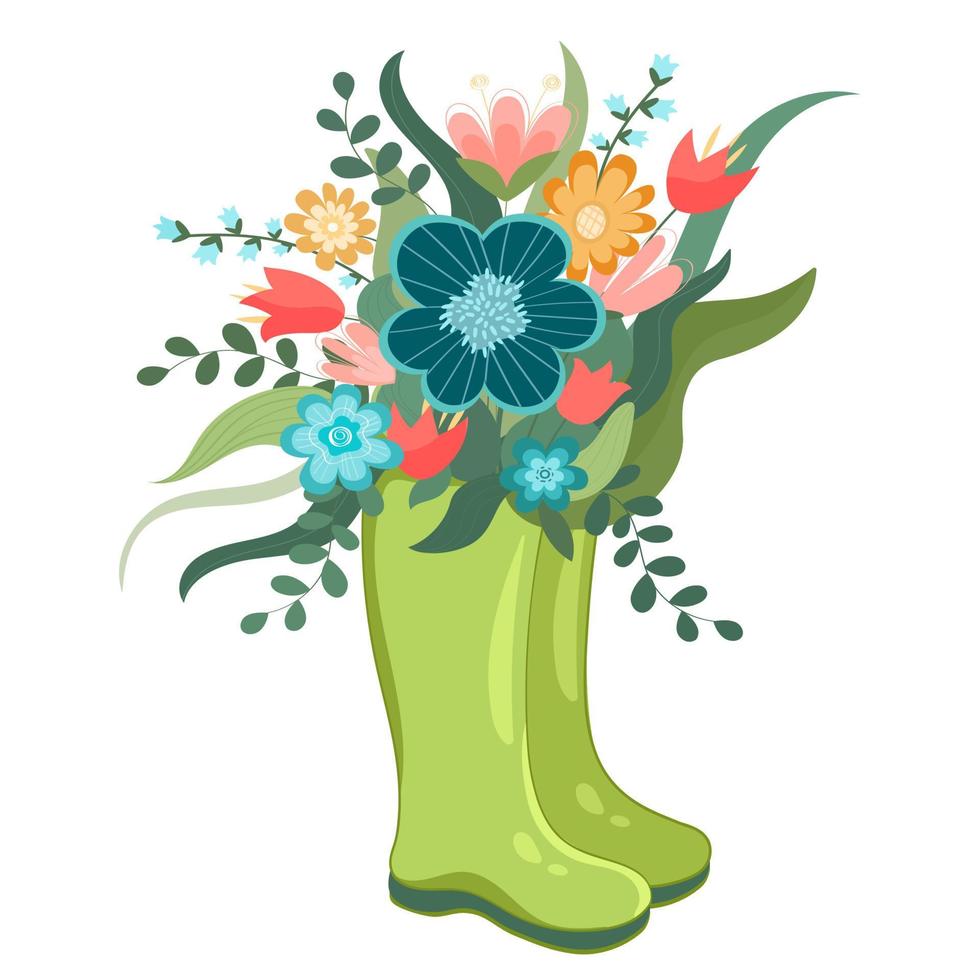 Vector illustration spring wellies boots with blooming bouquet spring flowers, cotton. Spring symbol flat style.