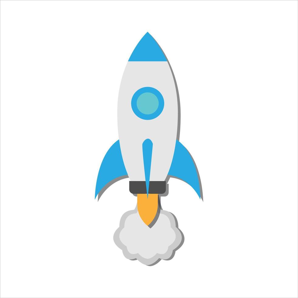cartoon style minimal spaceship rocket icon. Toy rocket upswing ,spewing smoke. Startup, space, business concept. vector