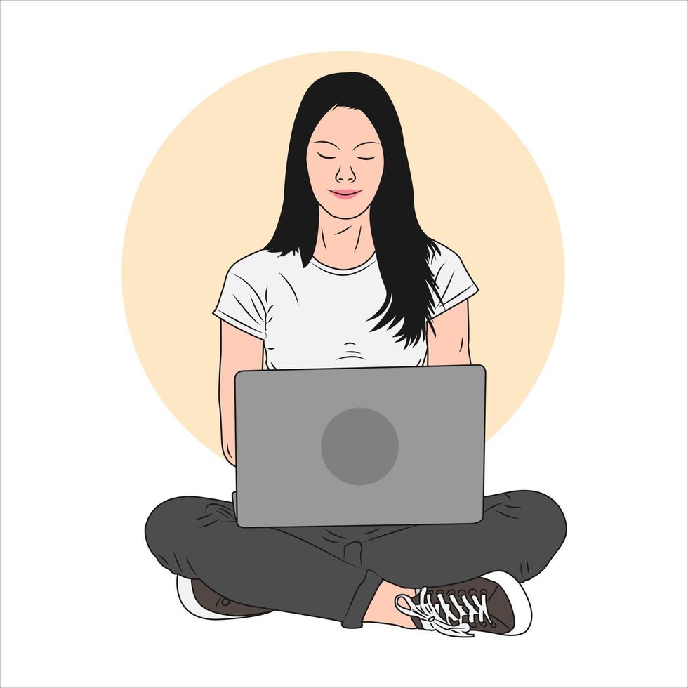 Flat cartoon style. Teenage girl with laptop sitting on the floor. Vector illustration