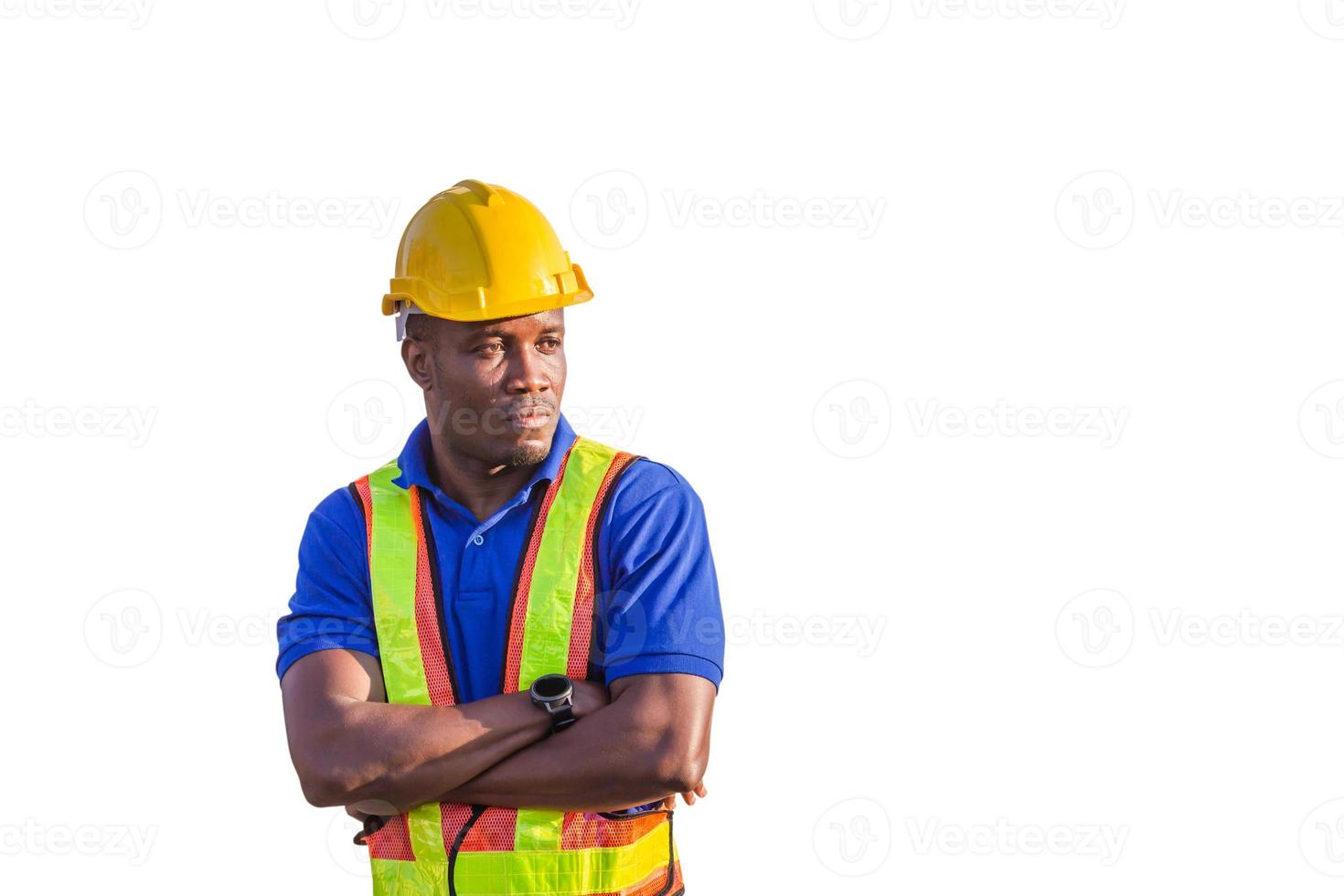 Cheerful engineer shipping company working at the harbor, Factory worker man with clipping path smiling with arms crossed on white background photo