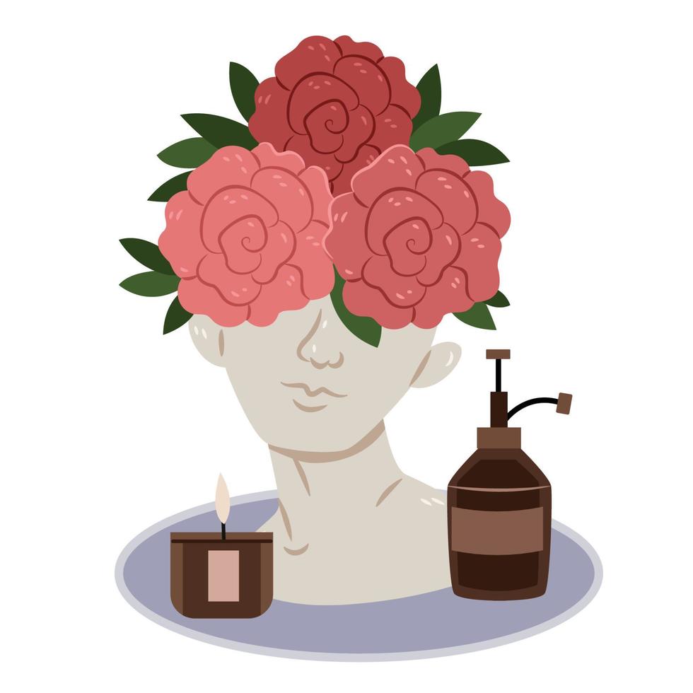 Decorative composition in the bathroom. Gypsum bust, vase for flowers. Peonies, candle, soap. vector