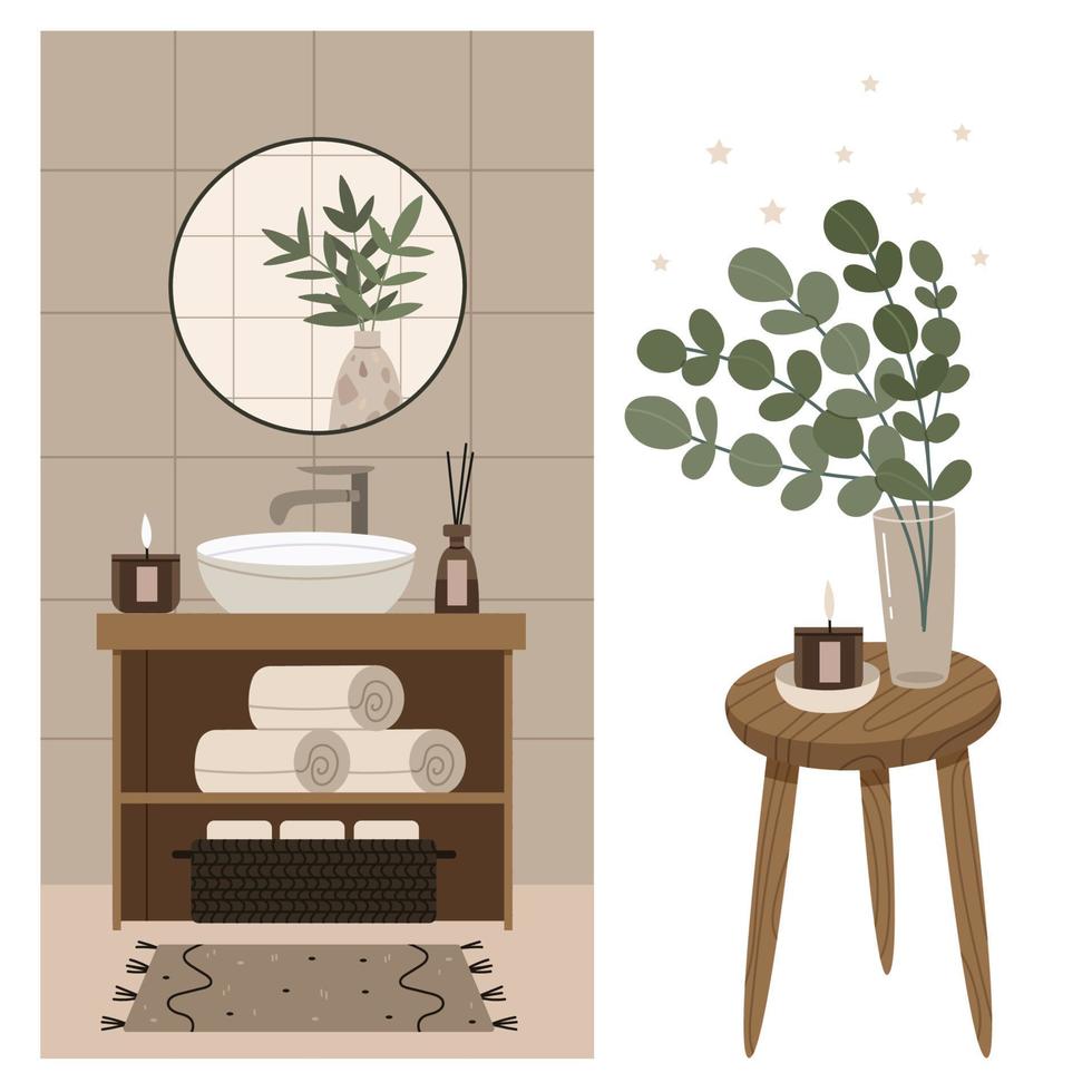 conjunto interior de un baño moderno.composición decorativa de un jarrón y una vela.colores monocromáticos. vector