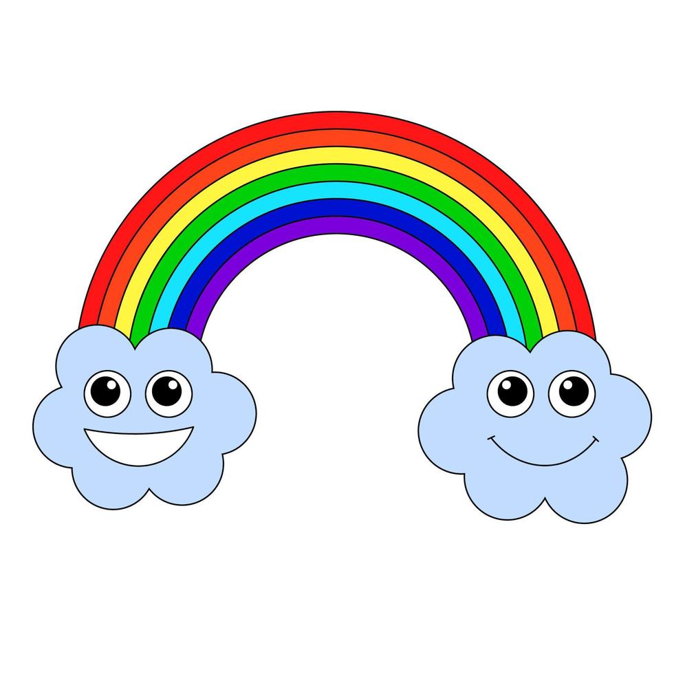 dibujos animados doodle lineal feliz nubes personajes y arco iris aislado sobre fondo blanco. vector