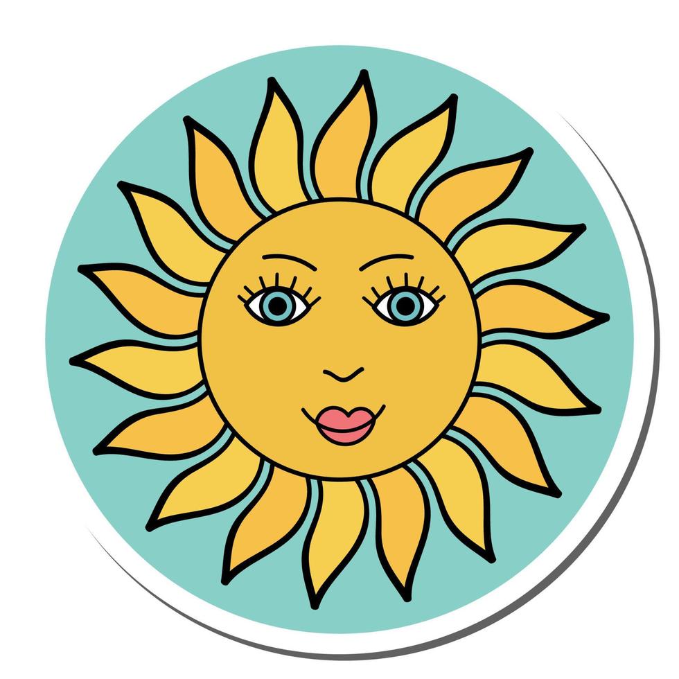 Cute cartoon doodle sun character sticker isolated on white background. vector