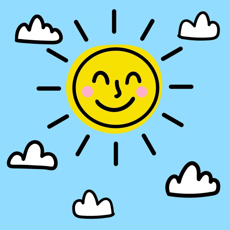 lindo cielo de dibujos animados con sol y nubes aisladas sobre fondo azul. tarjeta infantil. vector