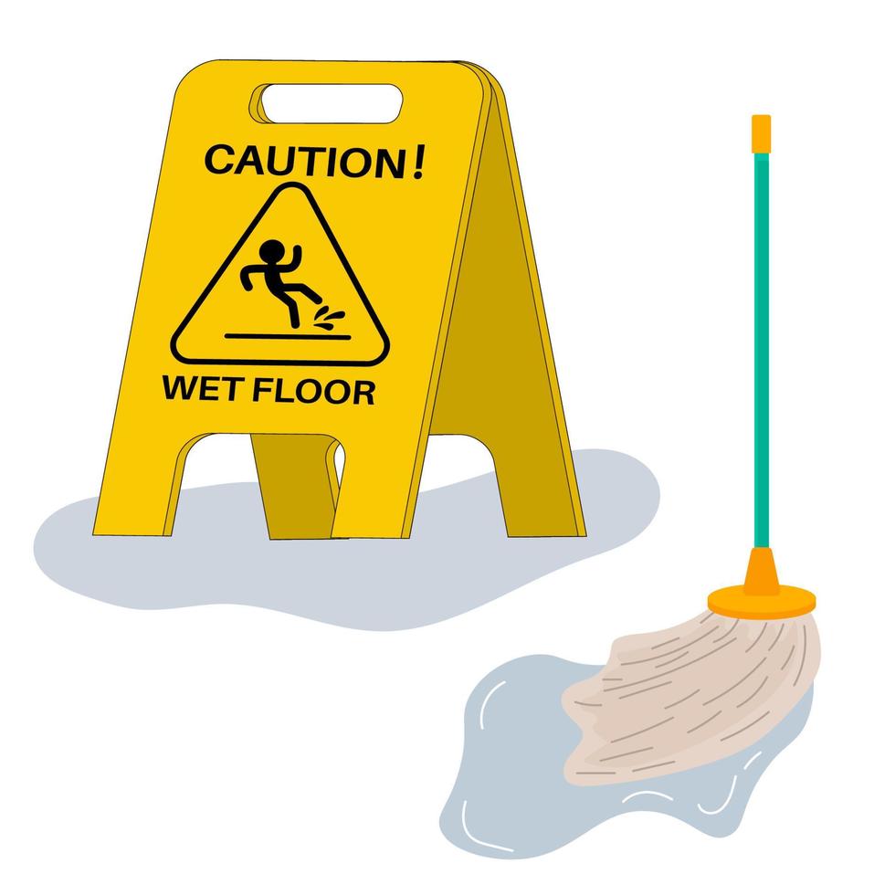 Cartoon caution wet floor sign on the nameplate in flat style in puddle isolated on white background. Wet mop. vector