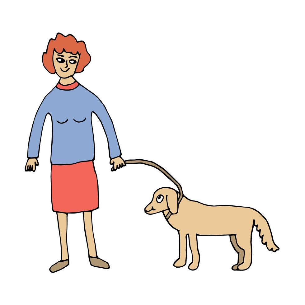 mujer feliz de dibujos animados con su perro aislado sobre fondo blanco. mejores amigos. vector