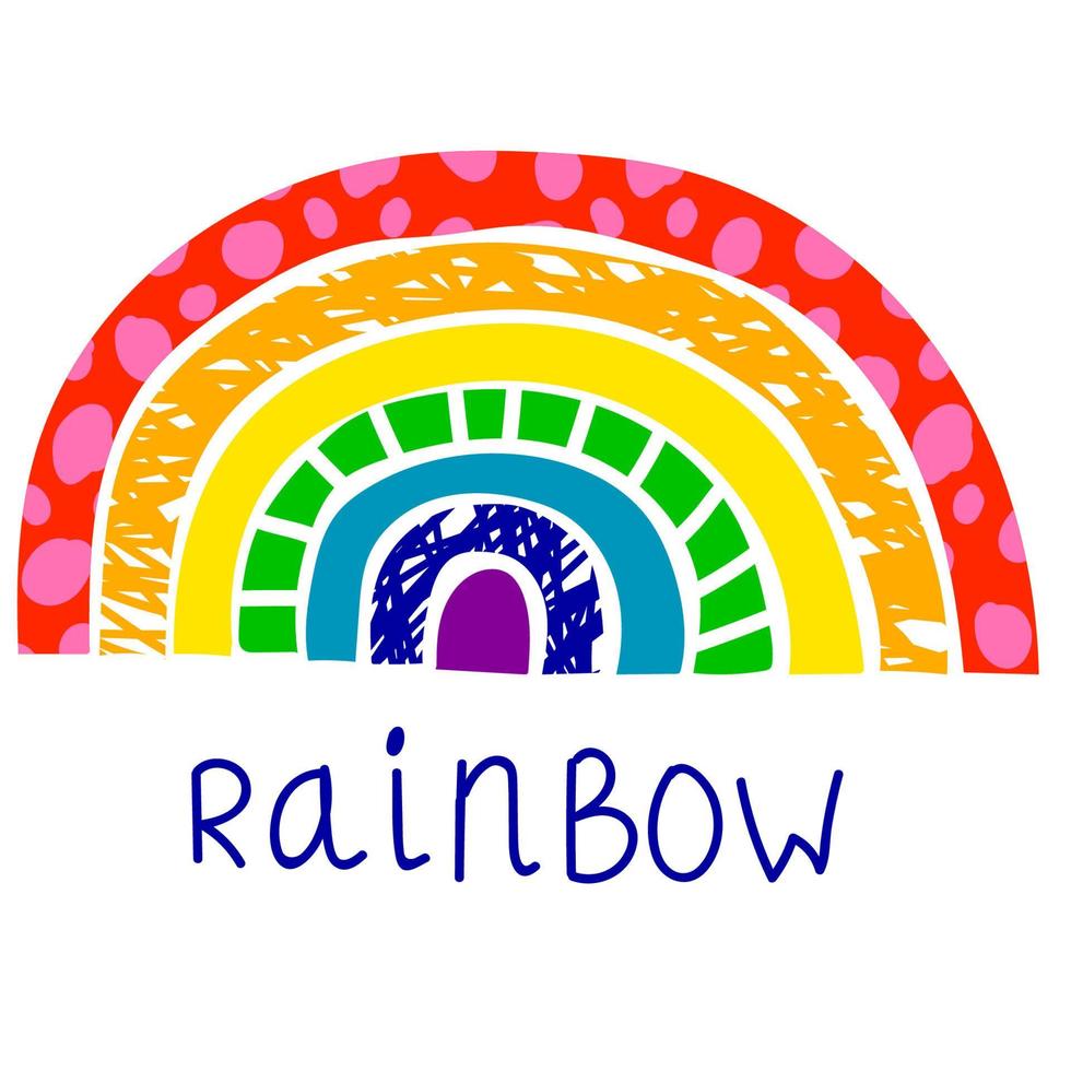 lindo arco iris texturizado de dibujos animados en estilo plano. tarjeta infantil con arcos coloridos aislado sobre fondo blanco. vector