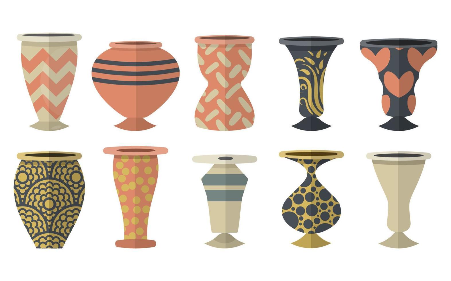 conjunto de jarrones de cerámica planos con motivos, adornos aislados en fondo blanco. vector