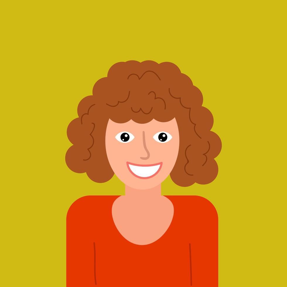 mujer joven feliz de dibujos animados con el pelo rizado en estilo plano aislado sobre fondo amarillo. icono de avatar. vector