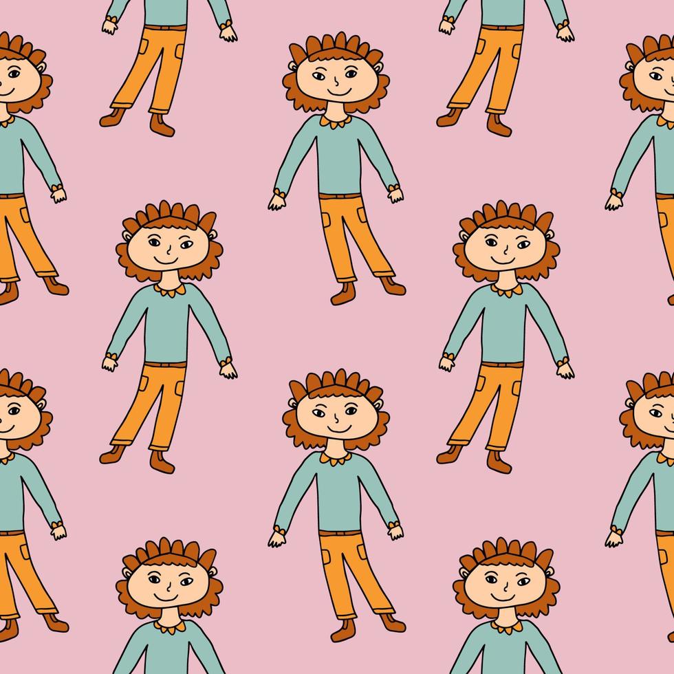 Cartoon doodle curly hair girl standing seamless pattern. Teenager background. vector