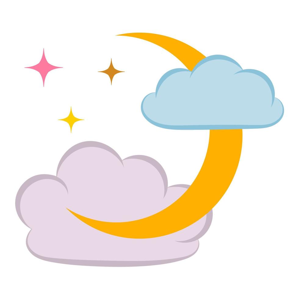 Icon of crescent with stars and clouds. Night sky symbols. Relaxation concept. vector