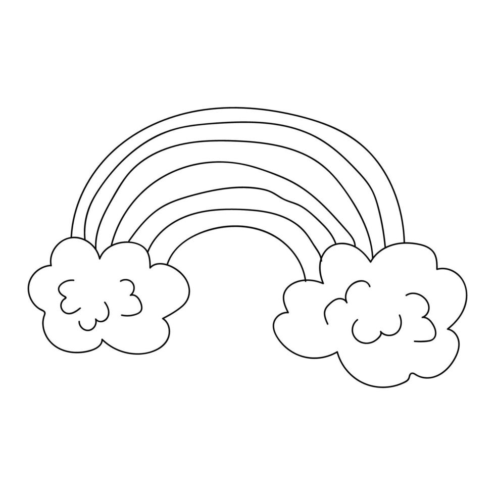 arco iris retro de fideos lineales de dibujos animados y nubes aisladas sobre fondo blanco. vector