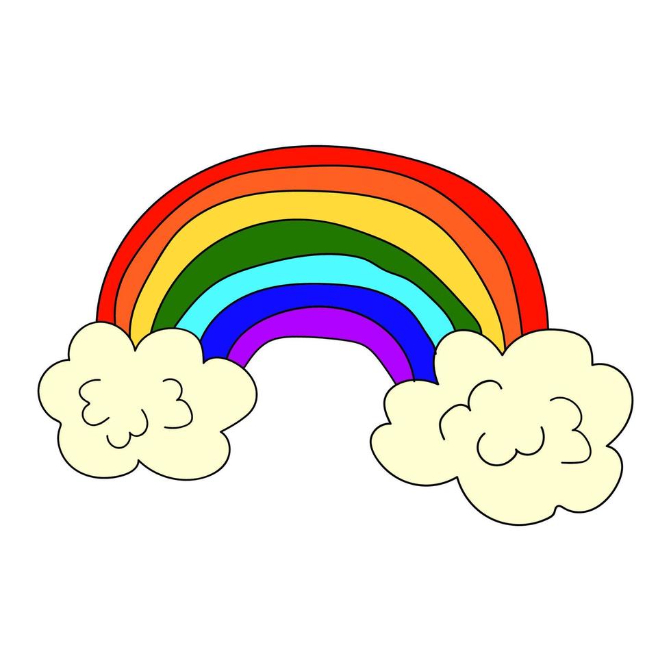 arco iris retro de fideos lineales de dibujos animados y nubes aisladas sobre fondo blanco. vector