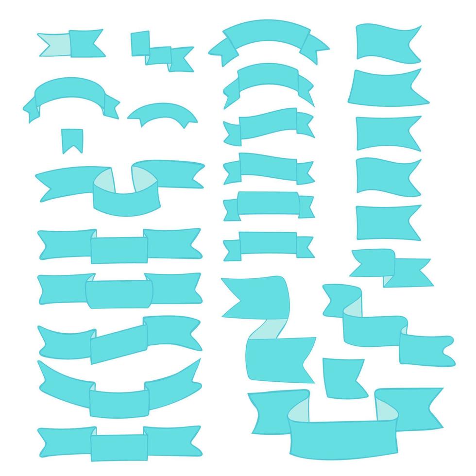 Blue ribbons, big set of hand drawn design elements, flag, banner, label, mark isolated on white. Sketch ribbon with empty space for title writing. Doodle collection. vector