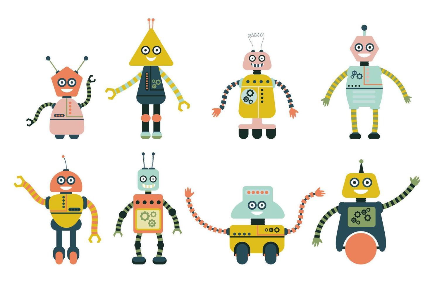 Cute robots for girls and boys isolated on white background. Flat style collection of toys. vector