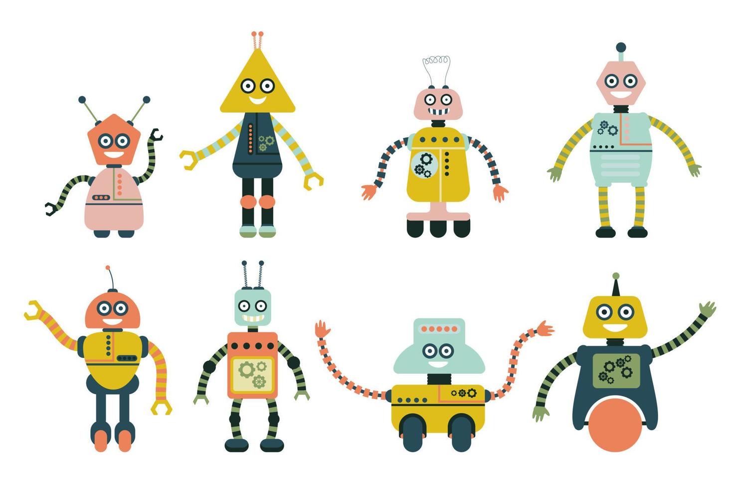 lindos robots para niñas y niños aislados sobre fondo blanco. colección de juguetes de estilo plano. vector