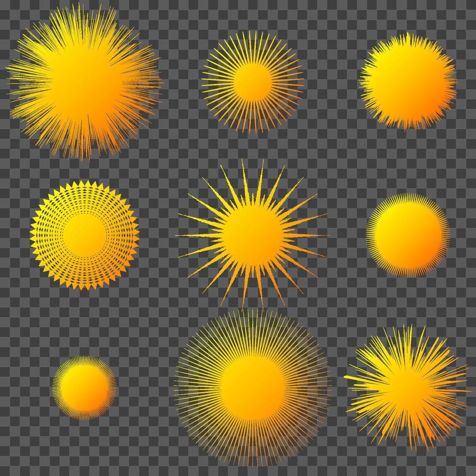 Sun burst icon set, sunshine on gray background. Isolated flat element sunlight, weather symbol. vector