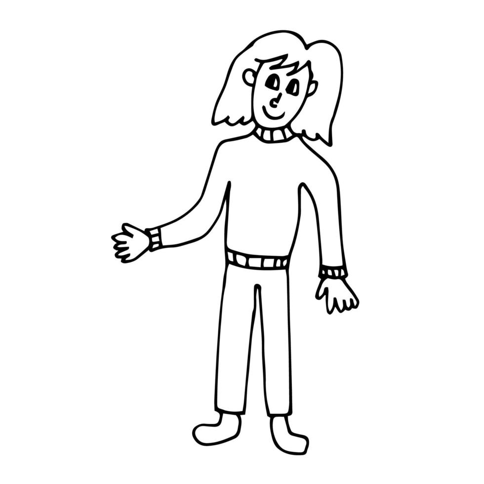Cartoon doodle linear woman pointing isolated on white background. vector