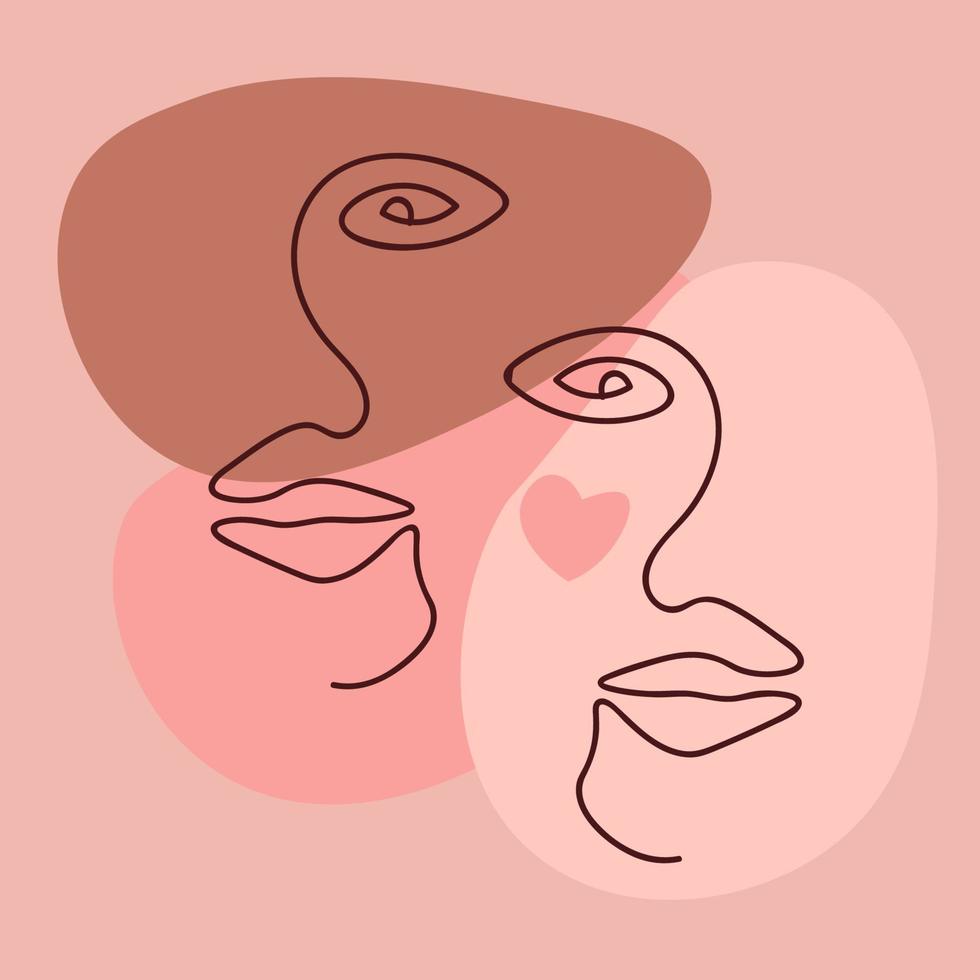 Lindas caras de arte de línea de dibujos animados con corazón aislado en formas redondas de color rosa. tarjeta de concepto de personas abstractas, fondo. vector