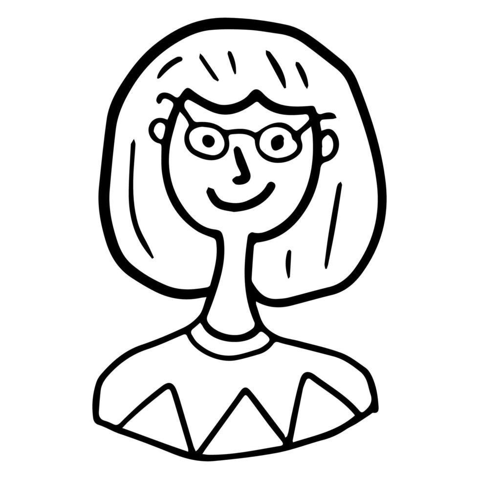 Cute cartoon abstract doodle girl portrait isolated on white background. Woman face. vector