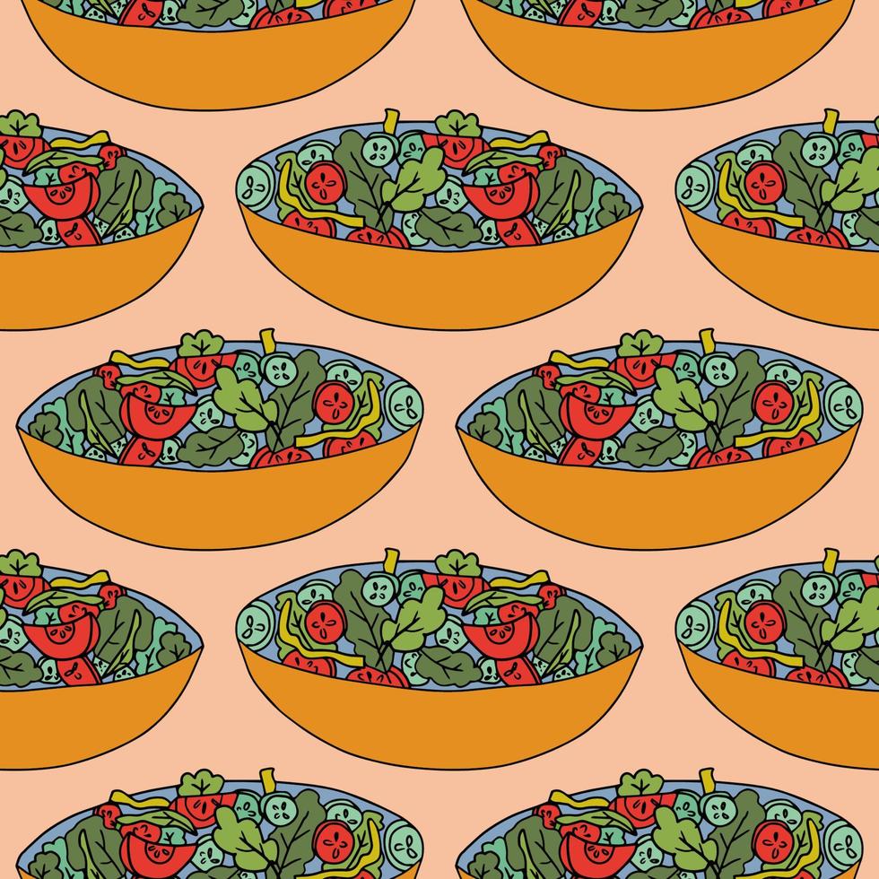 Cartoon doodle salad with tomatoes and cucumbers seamless pattern. Cute food, dinner background. vector