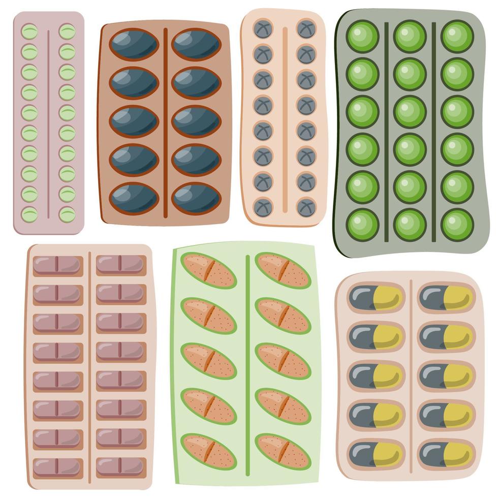 juego de ampollas de pastillas. cápsulas de enfermedades de dibujos animados, tabletas, vitaminas, píldoras antibióticas, analgésicos, paquetes de dosificación. vector