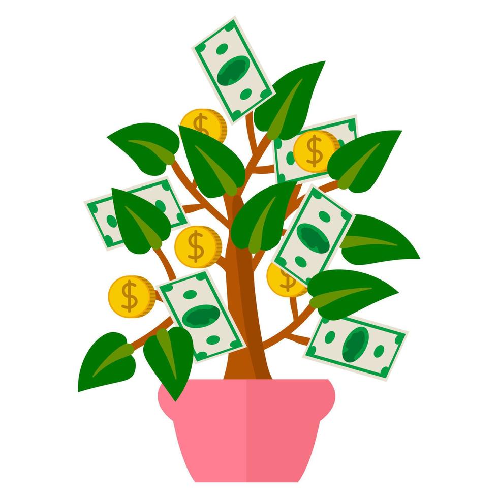 Cute cartoon money tree in flat style isolated on white background. Plant in the pot. Finance concept. vector