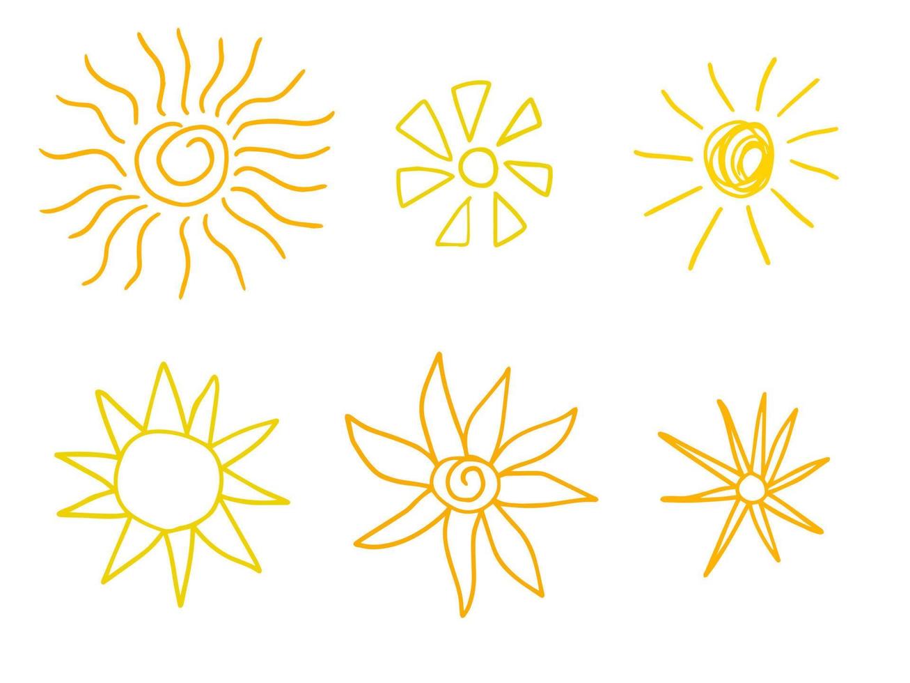Doodle sun icons. Hot weather suns collection isolated on white.  Summer doodles with sunlight, sketch drawings, hand drawn sunshine objects. vector