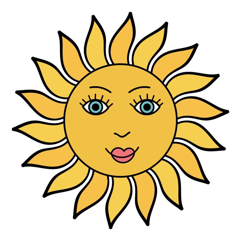 Cute cartoon doodle sun character isolated on white background. vector