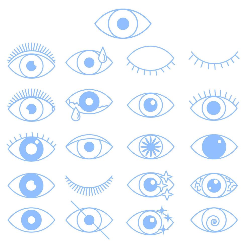 conjunto de iconos de ojos de contorno. ojos abiertos y cerrados de líneas finas, formas de ojos durmientes con pestañas, supervisión y señales de búsqueda. vector