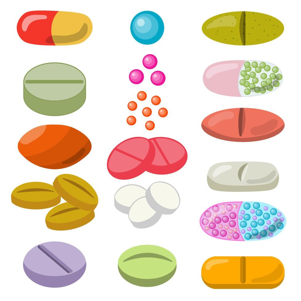 conjunto de píldoras y tabletas coloridas, medicamentos para el cuidado de la salud aislados en fondo blanco. vector